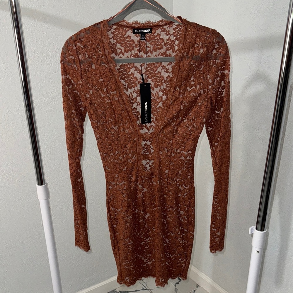 Fashion Nova Rust Lace Long Sleeve Dress